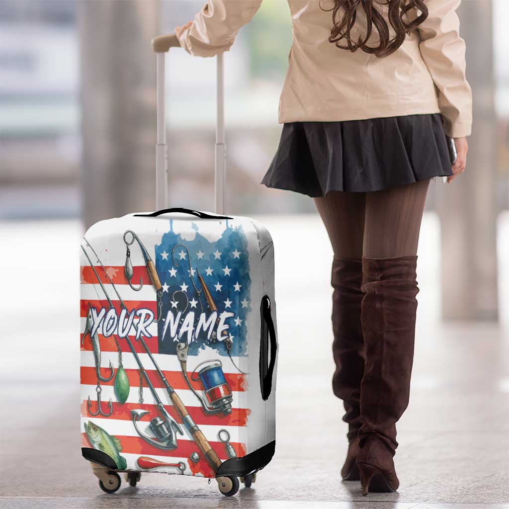 American Flag Fishing Luggage Cover with Fishing Rods and Lures Watercolor Style Design - Wonder Print Shop
