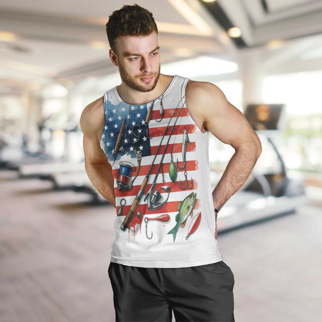 American Flag Fishing Men Tank Top with Fishing Rods and Lures Watercolor Style Design - Wonder Print Shop