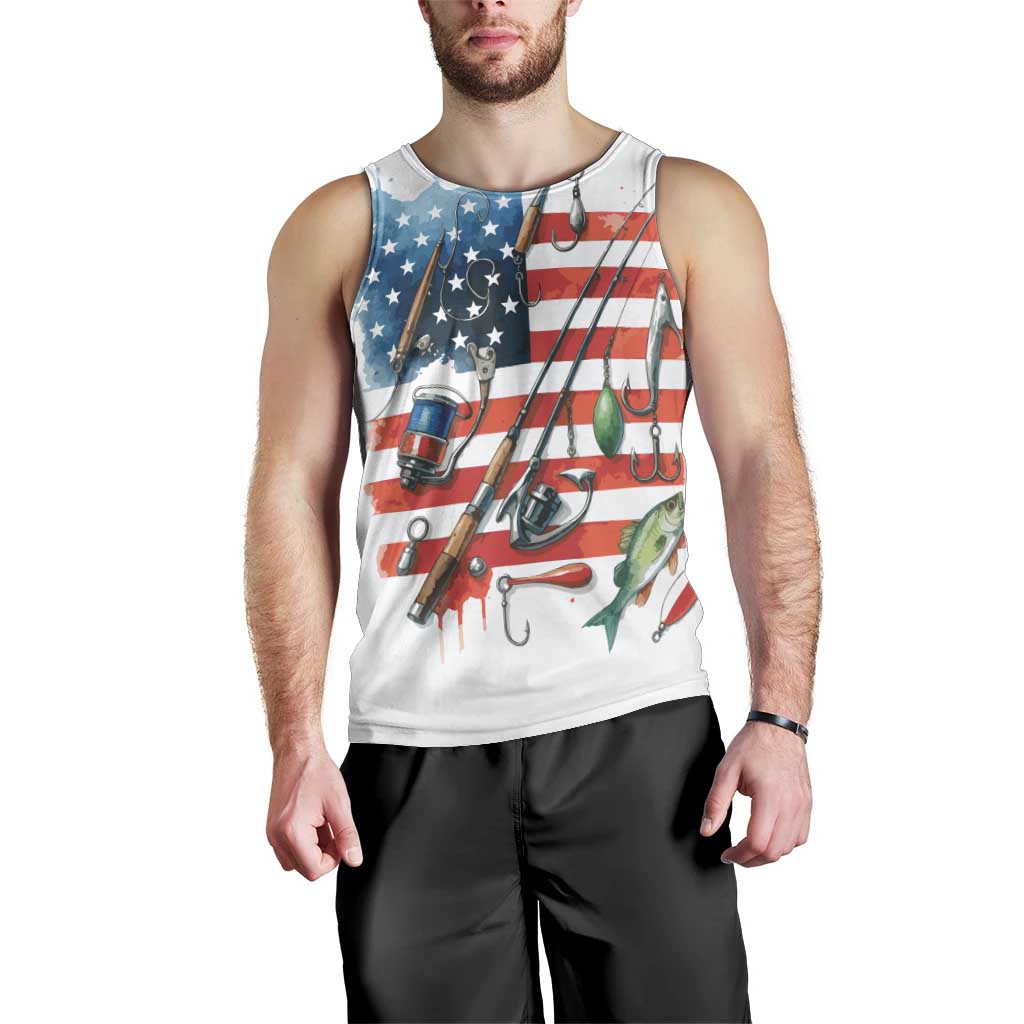 American Flag Fishing Men Tank Top with Fishing Rods and Lures Watercolor Style Design - Wonder Print Shop