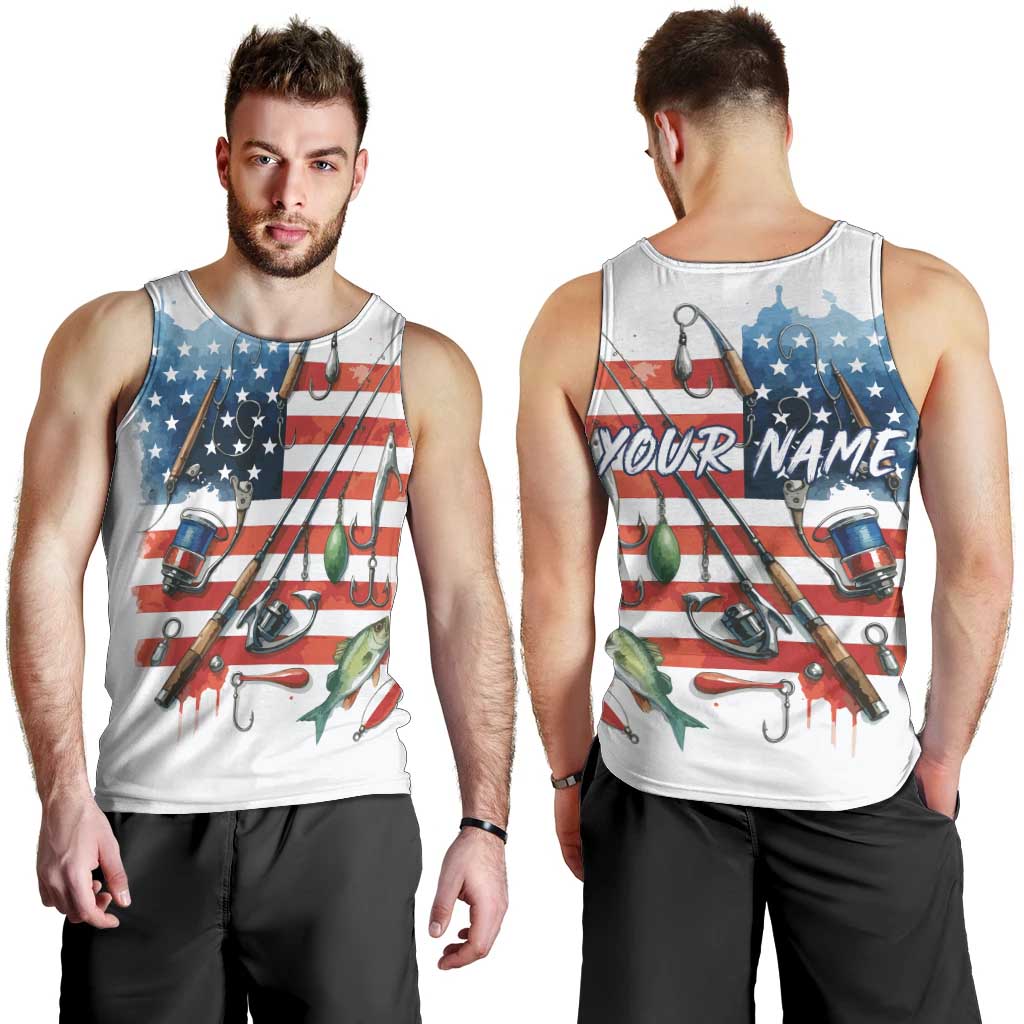 American Flag Fishing Men Tank Top with Fishing Rods and Lures Watercolor Style Design - Wonder Print Shop
