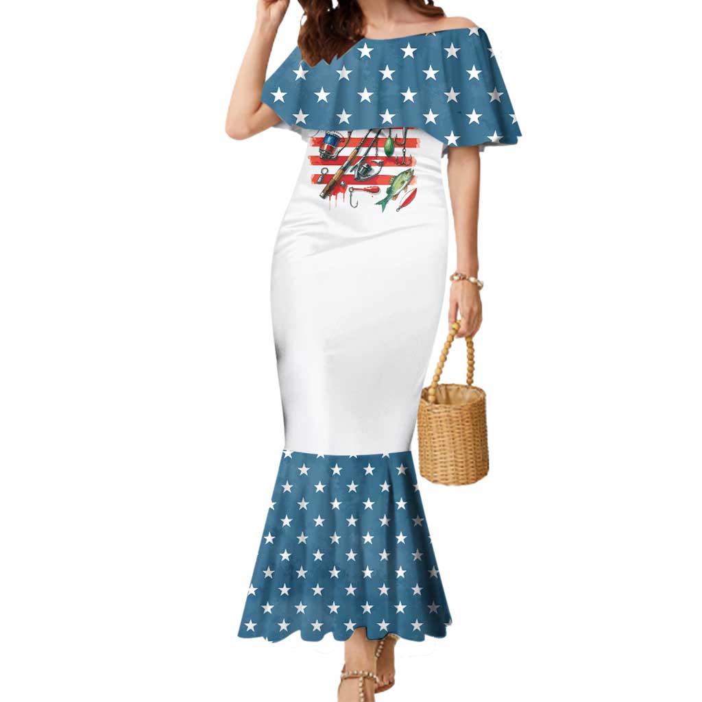 American Flag Fishing Mermaid Dress with Fishing Rods and Lures Watercolor Style Design - Wonder Print Shop