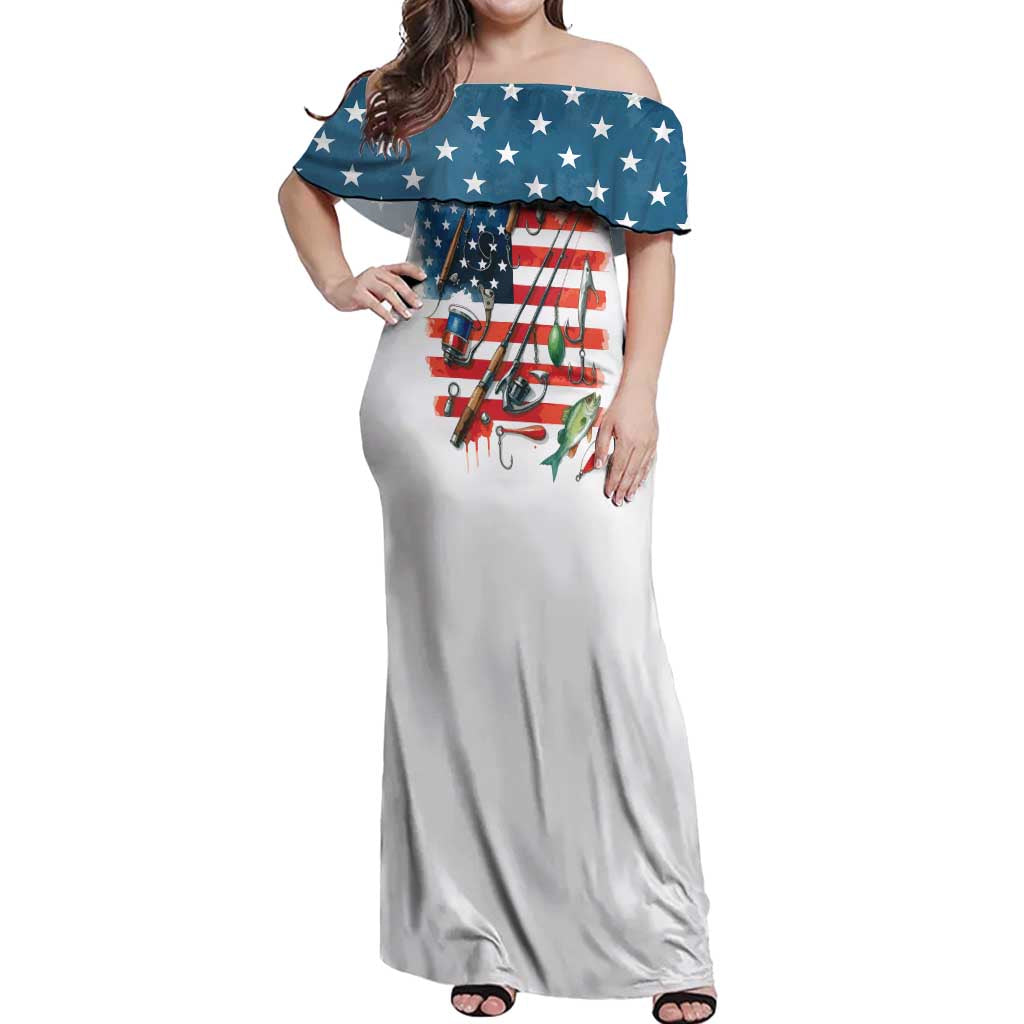 American Flag Fishing Off Shoulder Maxi Dress with Fishing Rods and Lures Watercolor Style Design - Wonder Print Shop