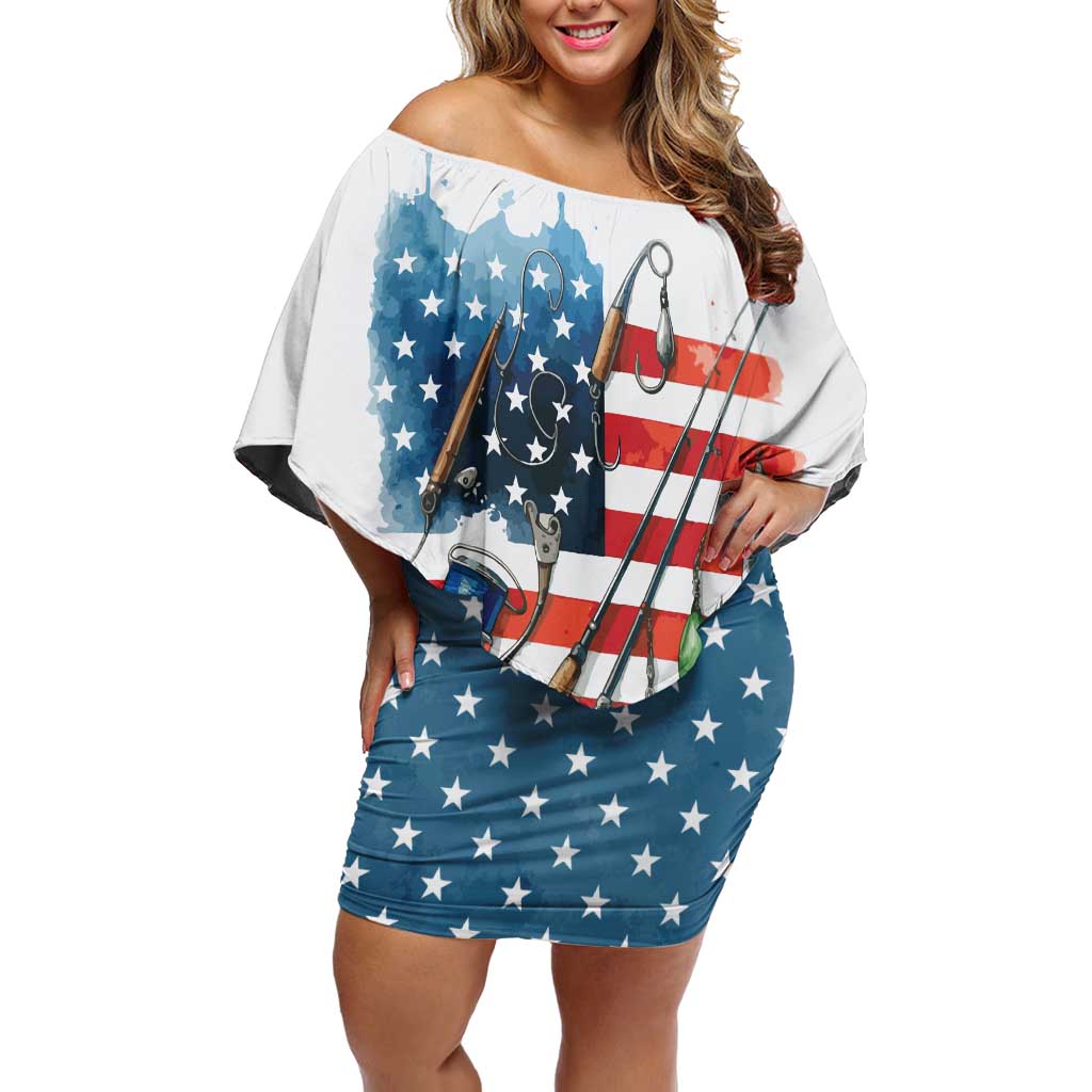 American Flag Fishing Off Shoulder Short Dress with Fishing Rods and Lures Watercolor Style Design - Wonder Print Shop