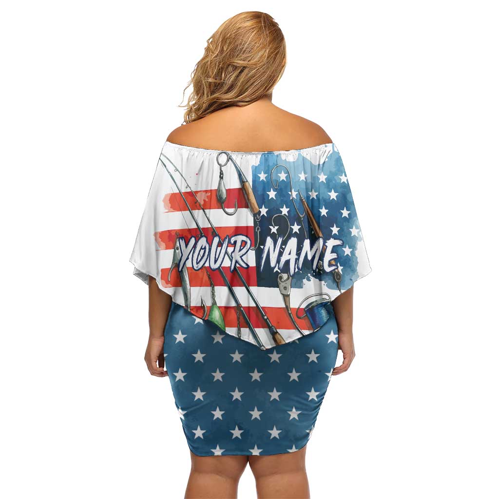 American Flag Fishing Off Shoulder Short Dress with Fishing Rods and Lures Watercolor Style Design - Wonder Print Shop