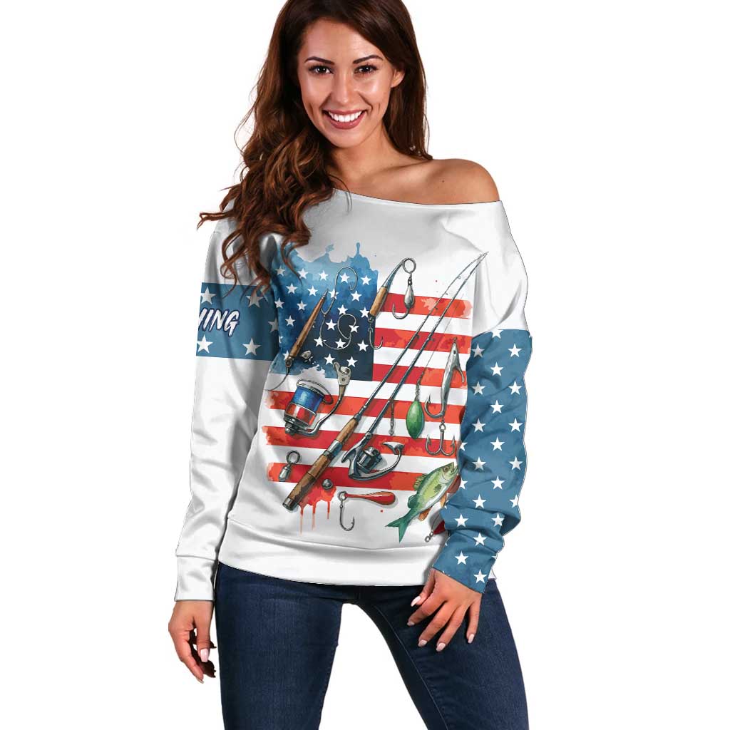 American Flag Fishing Off Shoulder Sweater with Fishing Rods and Lures Watercolor Style Design - Wonder Print Shop