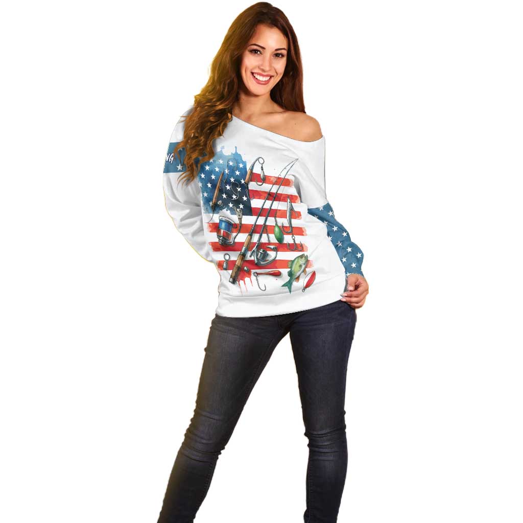 American Flag Fishing Off Shoulder Sweater with Fishing Rods and Lures Watercolor Style Design - Wonder Print Shop