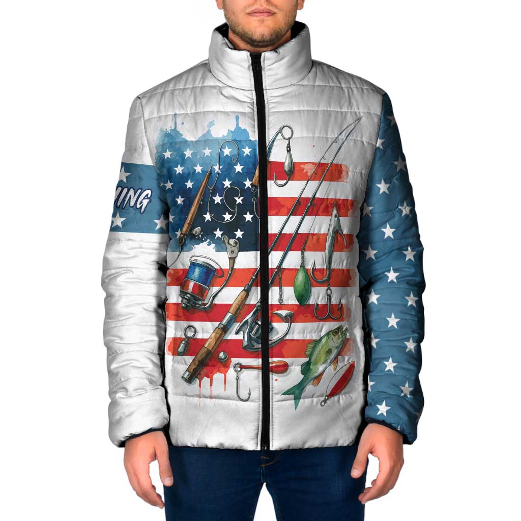 American Flag Fishing Padded Jacket with Fishing Rods and Lures Watercolor Style Design - Wonder Print Shop
