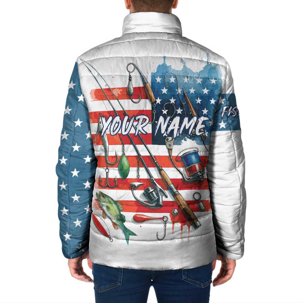 American Flag Fishing Padded Jacket with Fishing Rods and Lures Watercolor Style Design - Wonder Print Shop