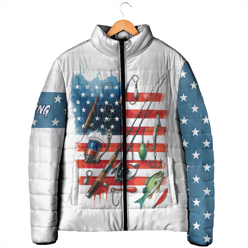 American Flag Fishing Padded Jacket with Fishing Rods and Lures Watercolor Style Design - Wonder Print Shop