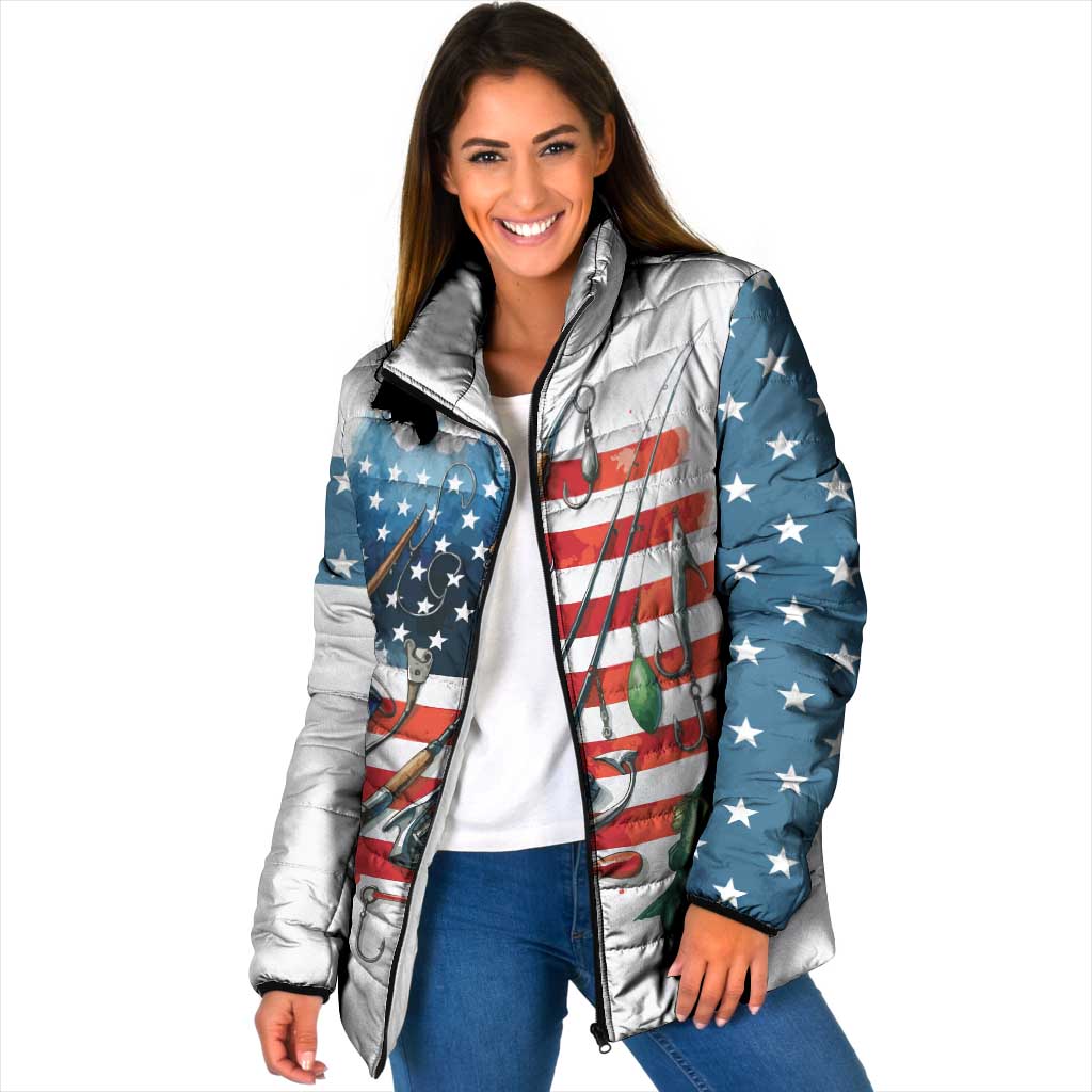 American Flag Fishing Padded Jacket with Fishing Rods and Lures Watercolor Style Design - Wonder Print Shop