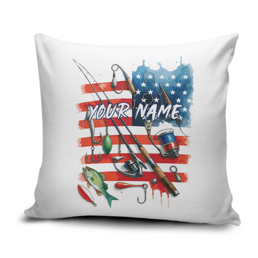 American Flag Fishing Pillow Cover with Fishing Rods and Lures Watercolor Style Design - Wonder Print Shop