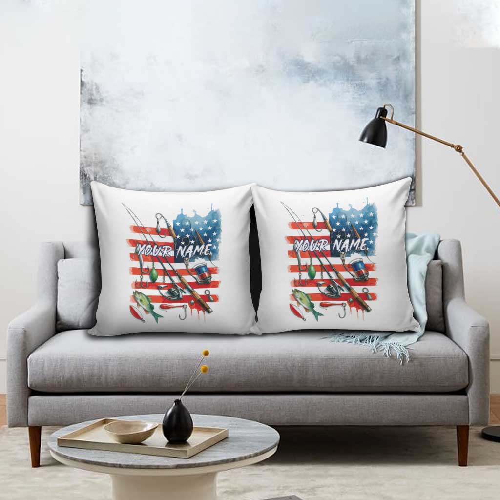 American Flag Fishing Pillow Cover with Fishing Rods and Lures Watercolor Style Design - Wonder Print Shop