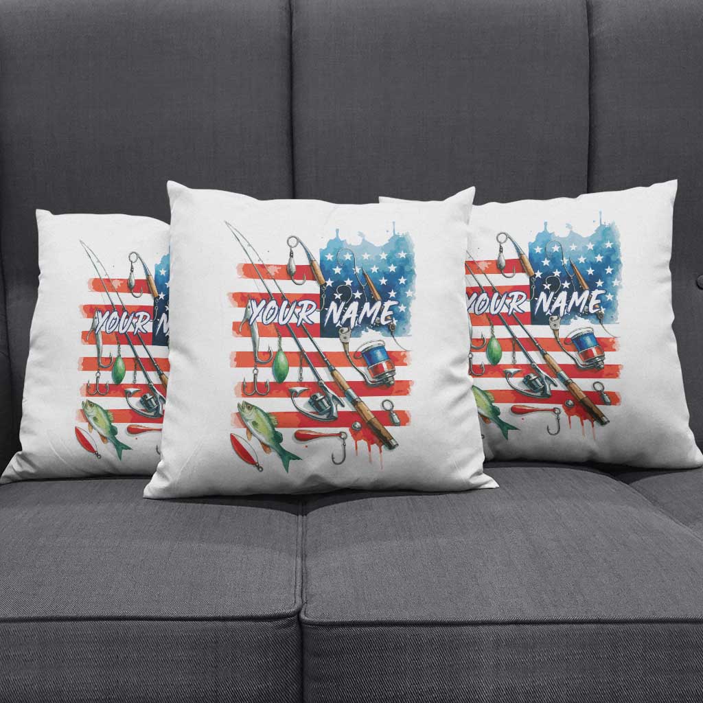 American Flag Fishing Pillow Cover with Fishing Rods and Lures Watercolor Style Design - Wonder Print Shop