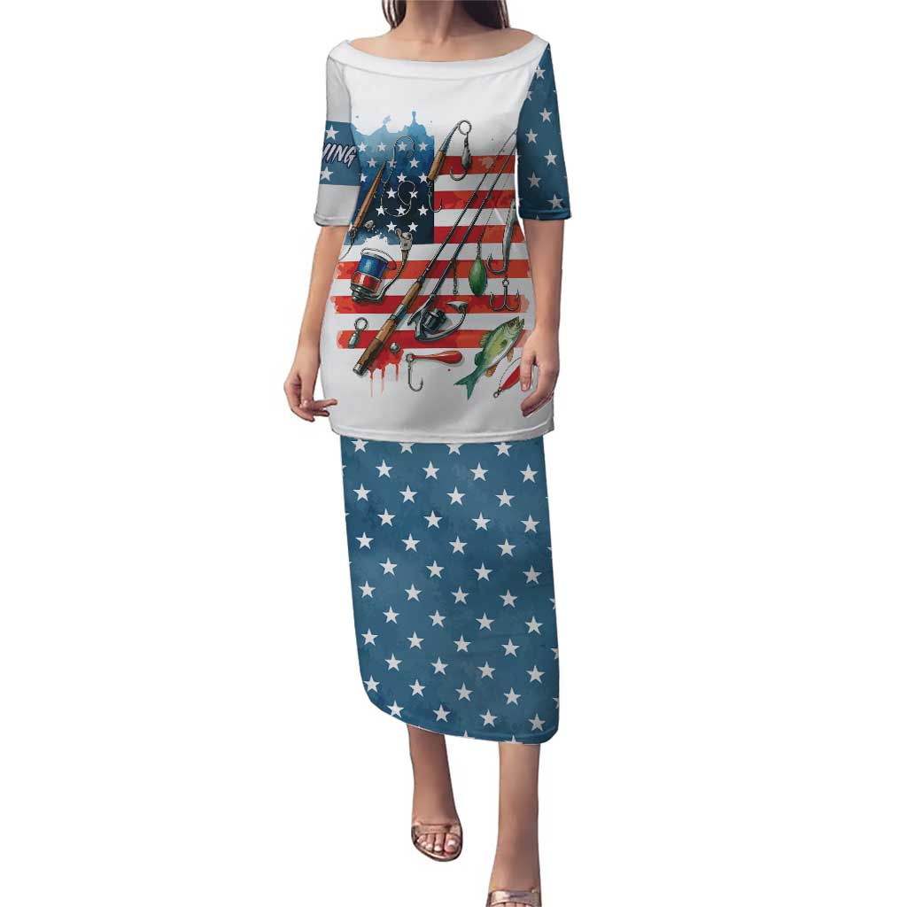 American Flag Fishing Puletasi with Fishing Rods and Lures Watercolor Style Design - Wonder Print Shop