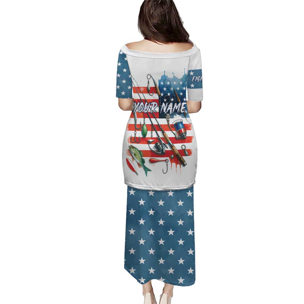 American Flag Fishing Puletasi with Fishing Rods and Lures Watercolor Style Design - Wonder Print Shop