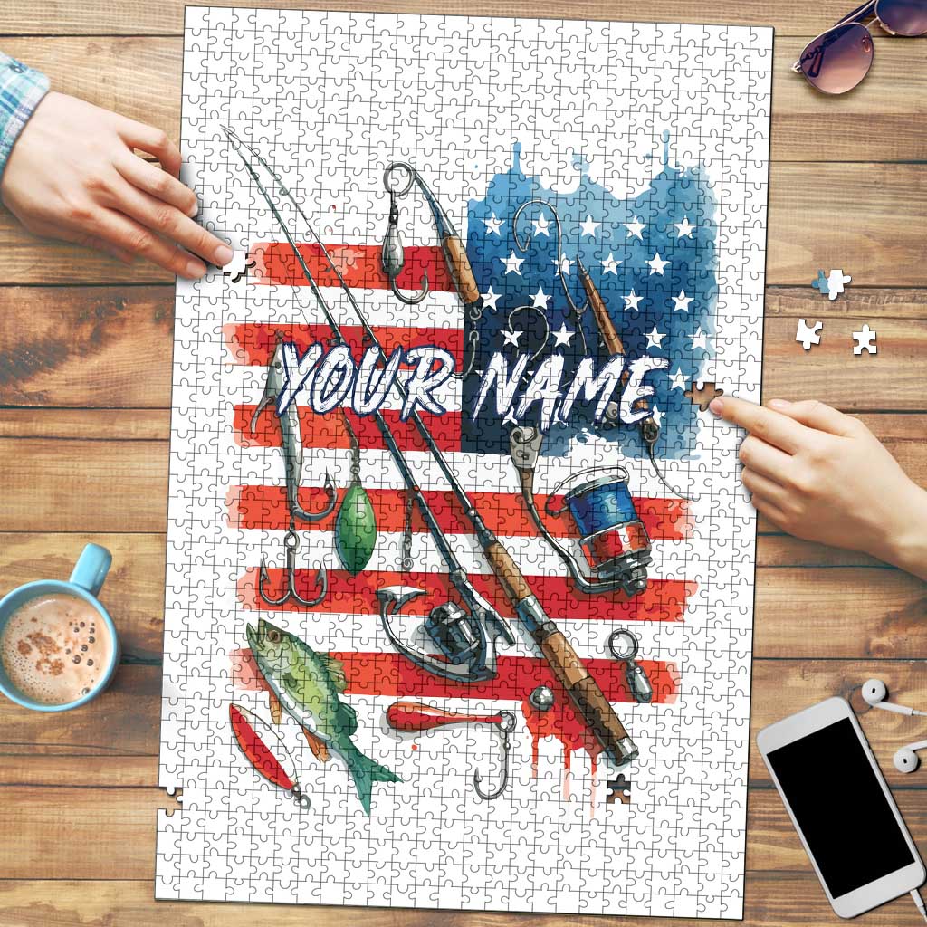 American Flag Fishing Puzzle with Fishing Rods and Lures Watercolor Style Design - Wonder Print Shop