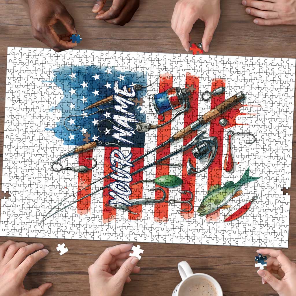 American Flag Fishing Puzzle with Fishing Rods and Lures Watercolor Style Design - Wonder Print Shop