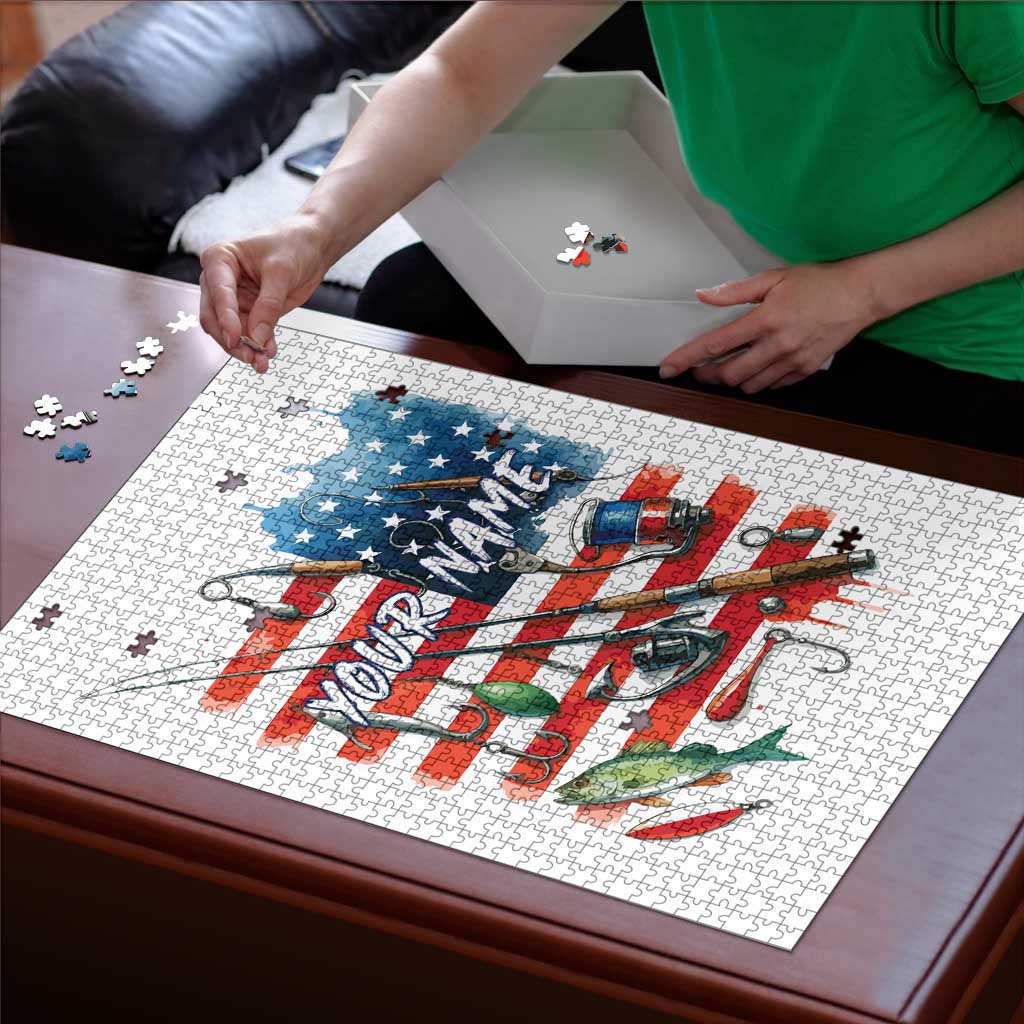 American Flag Fishing Puzzle with Fishing Rods and Lures Watercolor Style Design - Wonder Print Shop