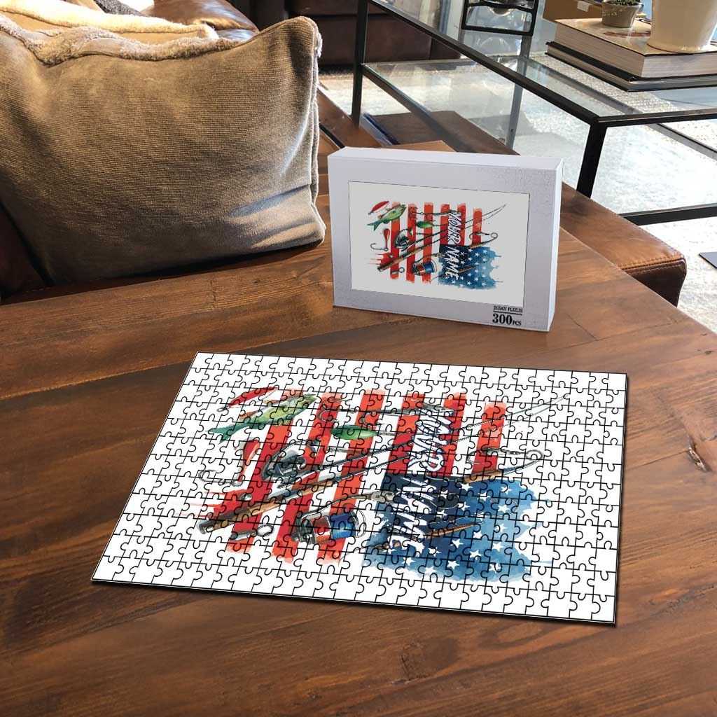 American Flag Fishing Puzzle with Fishing Rods and Lures Watercolor Style Design - Wonder Print Shop