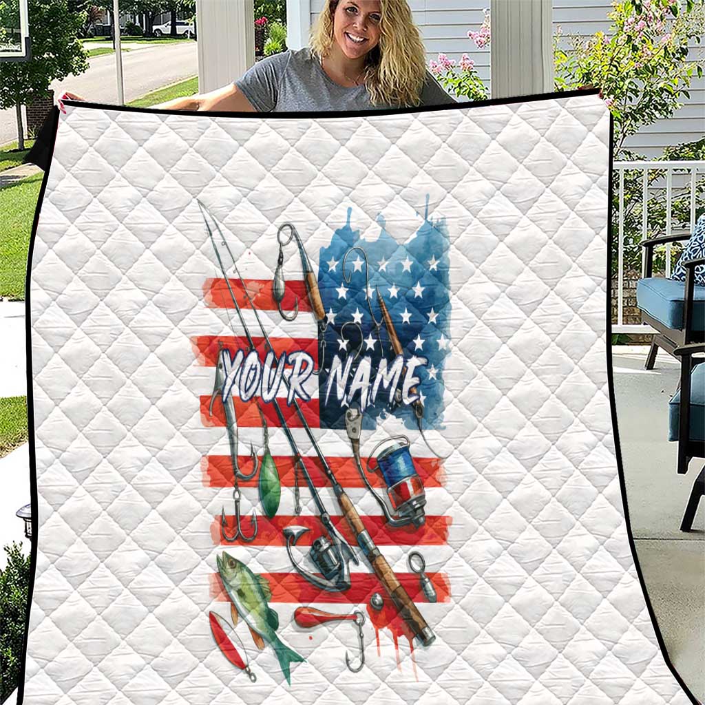 American Flag Fishing Quilt with Fishing Rods and Lures Watercolor Style Design - Wonder Print Shop