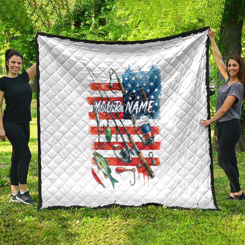 American Flag Fishing Quilt with Fishing Rods and Lures Watercolor Style Design - Wonder Print Shop