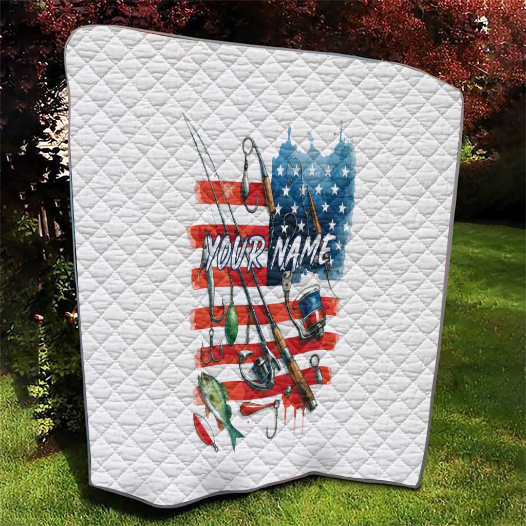 American Flag Fishing Quilt with Fishing Rods and Lures Watercolor Style Design - Wonder Print Shop