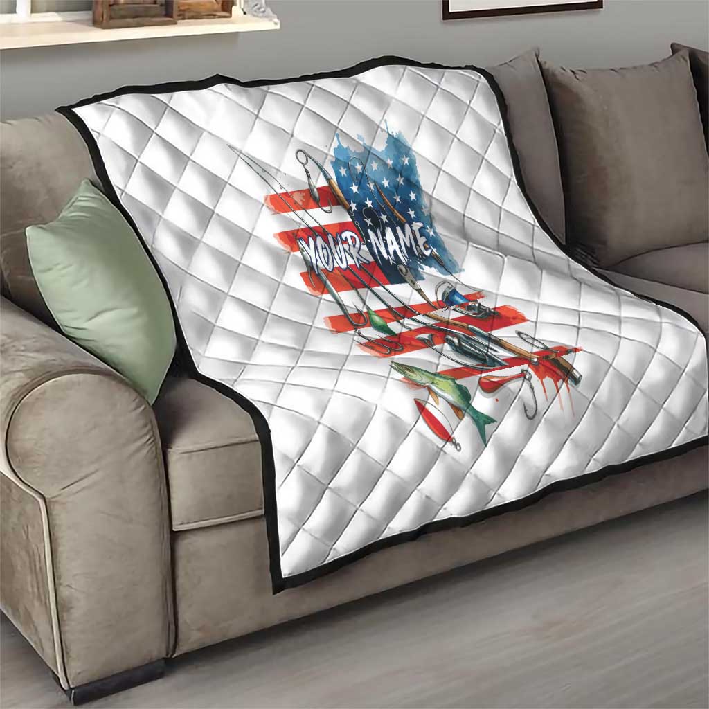 American Flag Fishing Quilt with Fishing Rods and Lures Watercolor Style Design - Wonder Print Shop