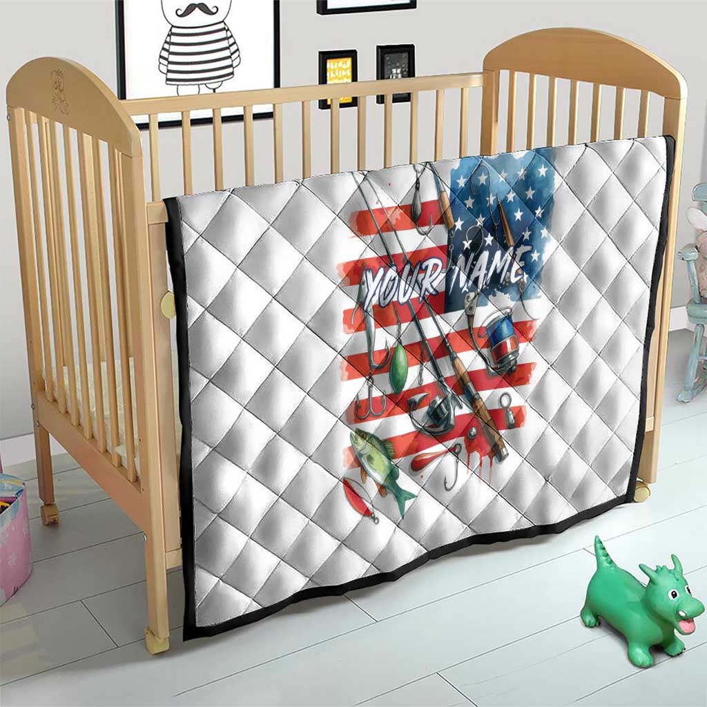 American Flag Fishing Quilt with Fishing Rods and Lures Watercolor Style Design - Wonder Print Shop
