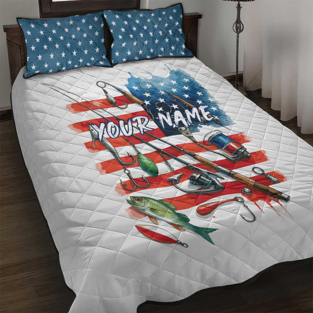American Flag Fishing Quilt Bed Set with Fishing Rods and Lures Watercolor Style Design - Wonder Print Shop