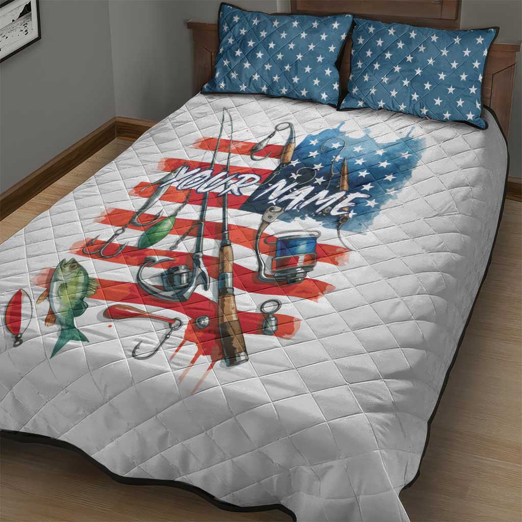 American Flag Fishing Quilt Bed Set with Fishing Rods and Lures Watercolor Style Design - Wonder Print Shop