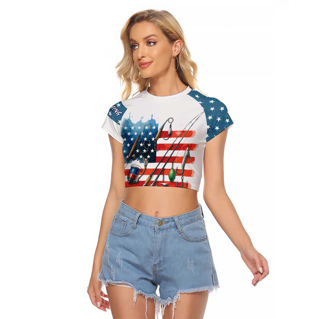 American Flag Fishing Raglan Cropped T Shirt with Fishing Rods and Lures Watercolor Style Design - Wonder Print Shop