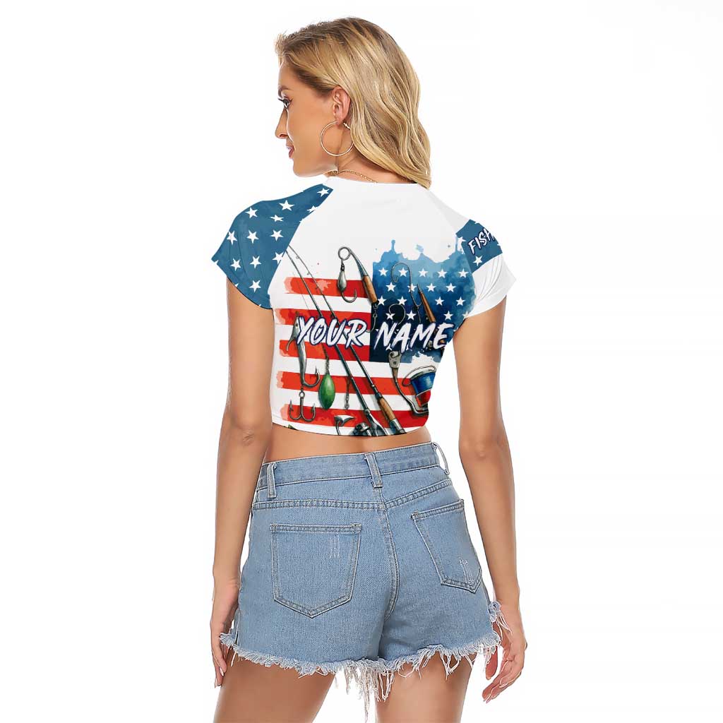 American Flag Fishing Raglan Cropped T Shirt with Fishing Rods and Lures Watercolor Style Design - Wonder Print Shop