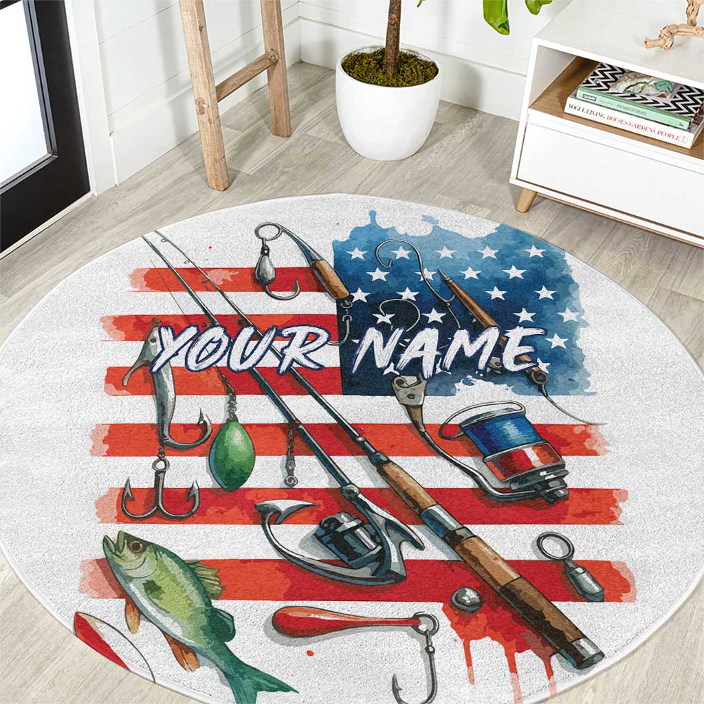 American Flag Fishing Round Carpet with Fishing Rods and Lures Watercolor Style Design - Wonder Print Shop
