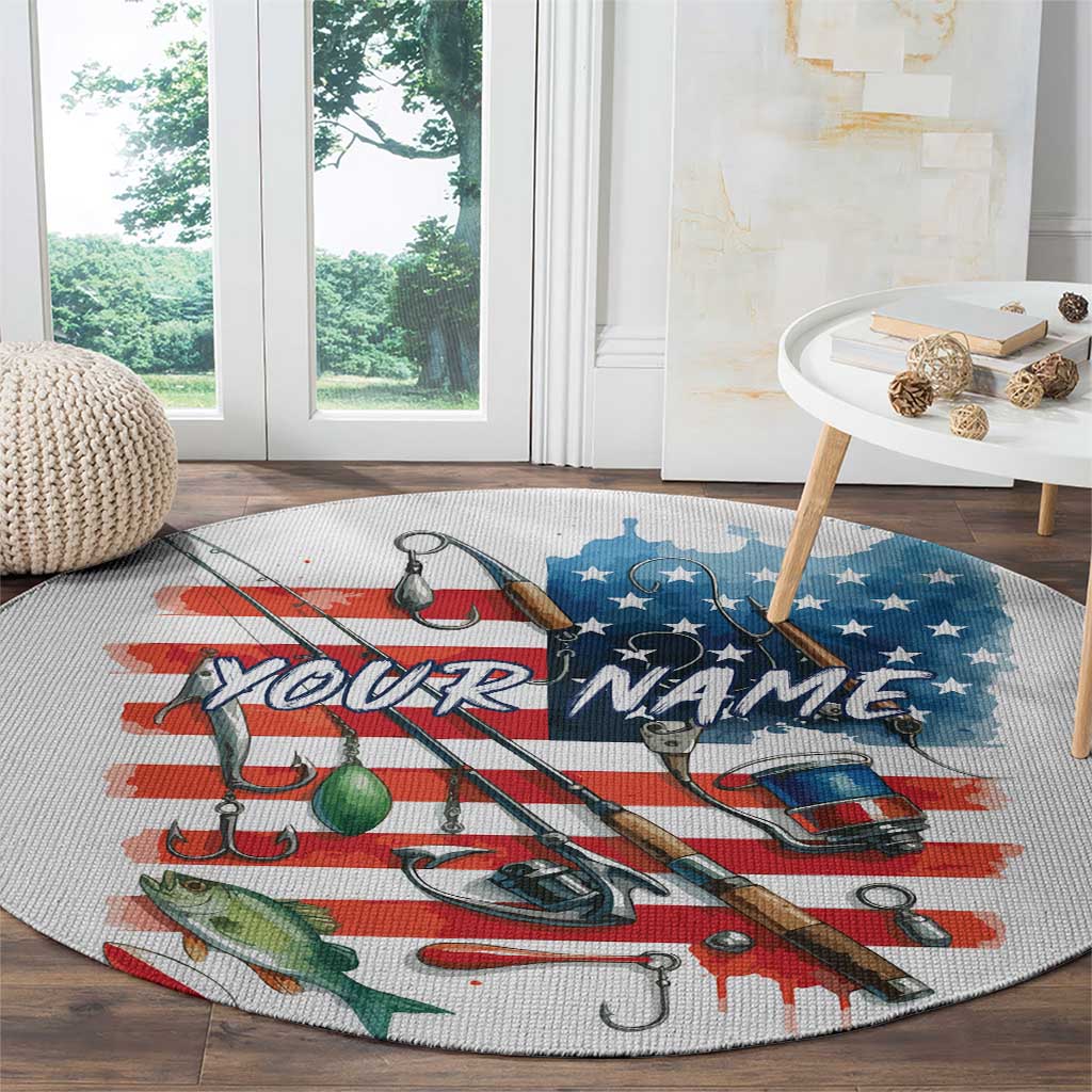 American Flag Fishing Round Carpet with Fishing Rods and Lures Watercolor Style Design - Wonder Print Shop