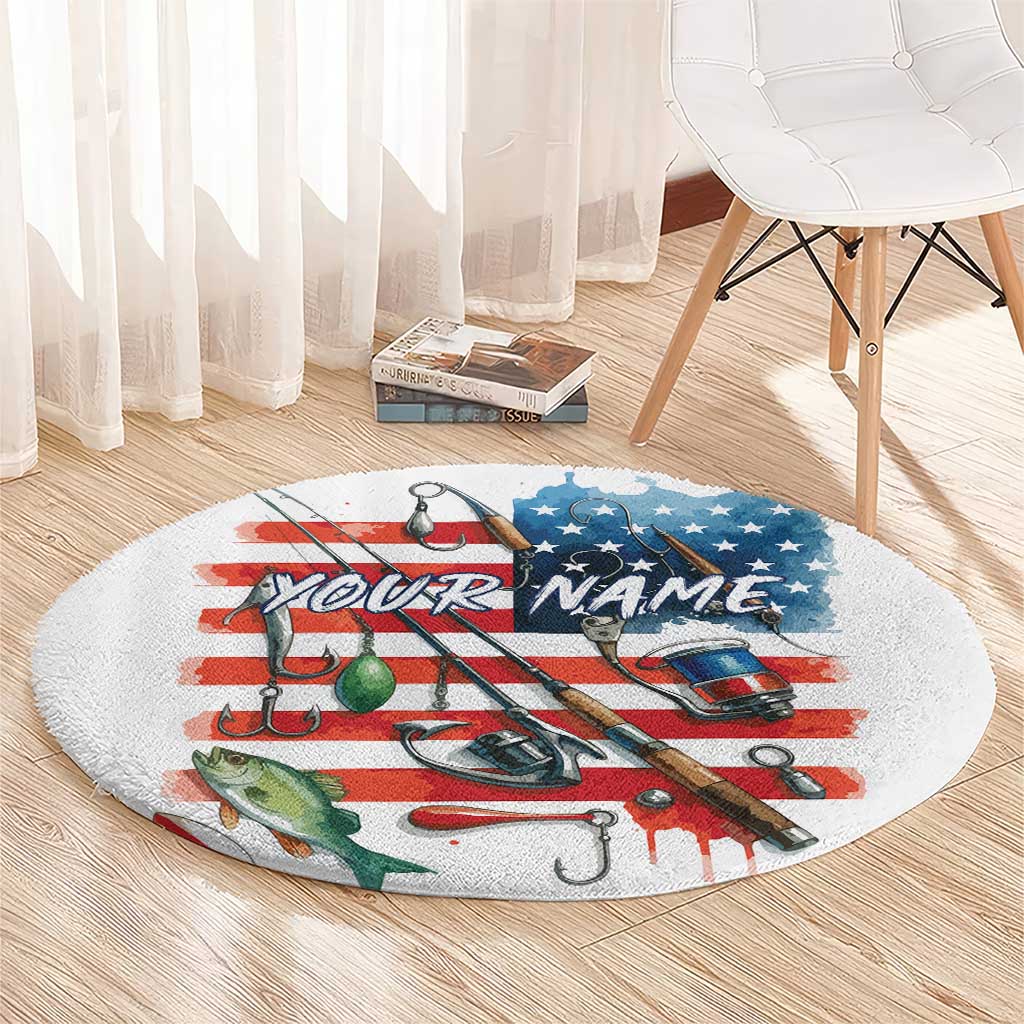 American Flag Fishing Round Carpet with Fishing Rods and Lures Watercolor Style Design - Wonder Print Shop