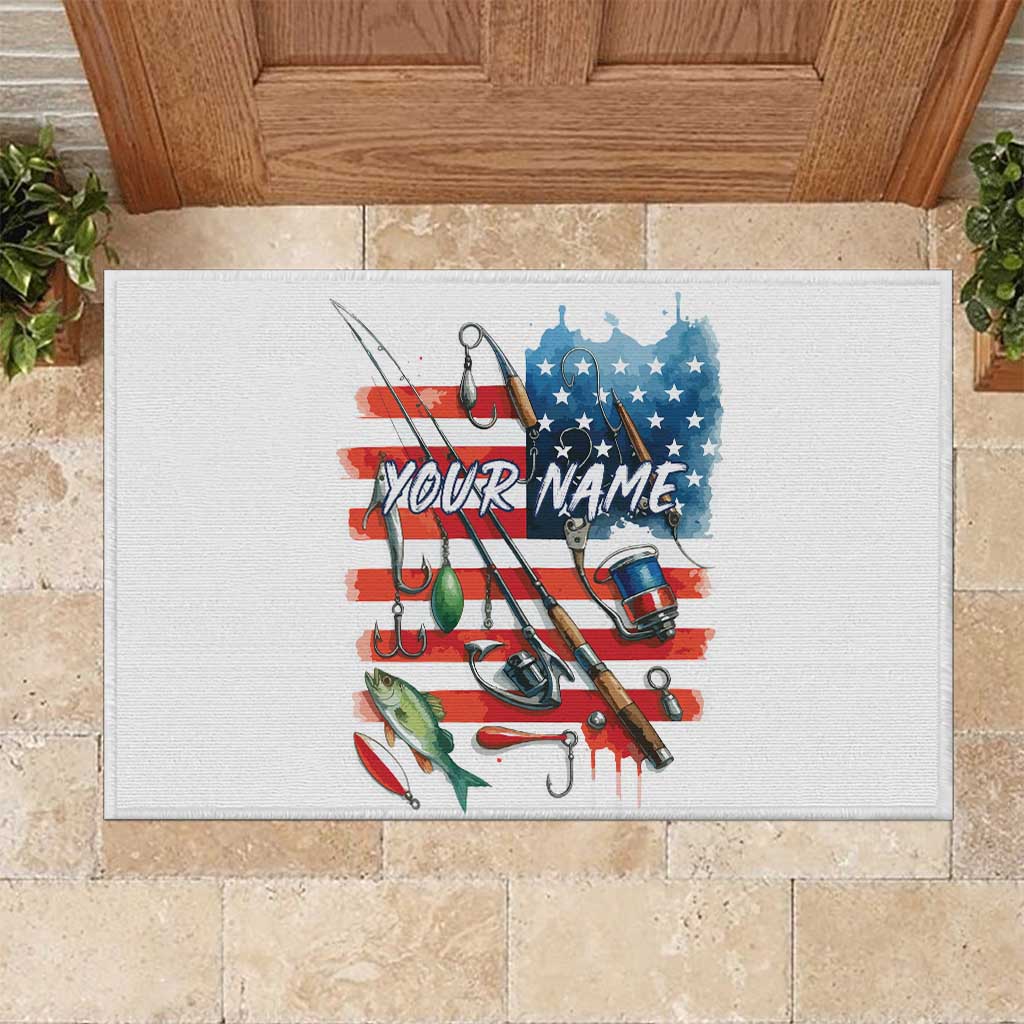 American Flag Fishing Rubber Doormat with Fishing Rods and Lures Watercolor Style Design - Wonder Print Shop