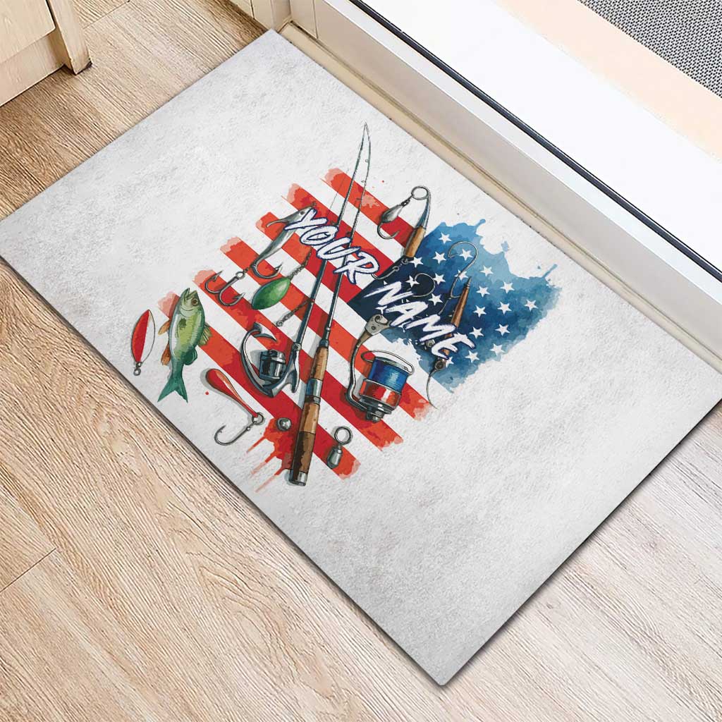 American Flag Fishing Rubber Doormat with Fishing Rods and Lures Watercolor Style Design - Wonder Print Shop