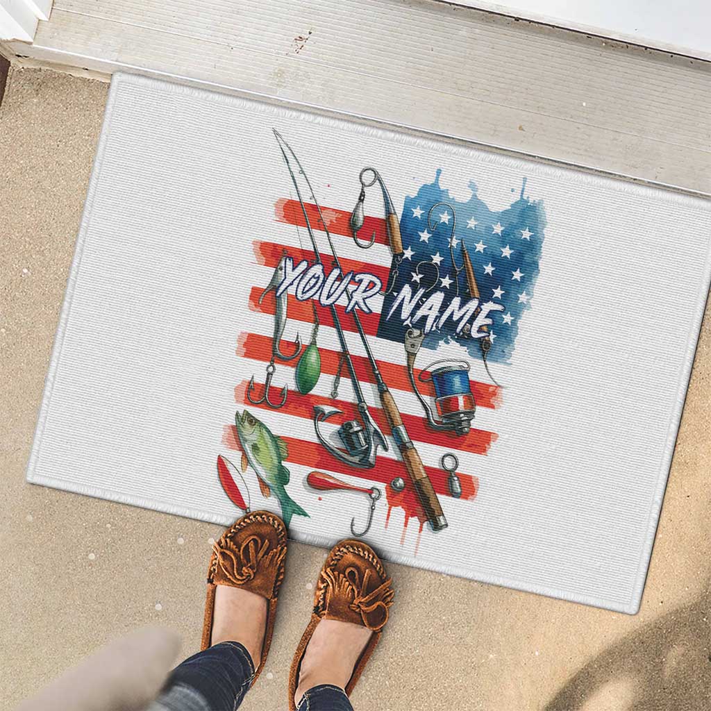 American Flag Fishing Rubber Doormat with Fishing Rods and Lures Watercolor Style Design - Wonder Print Shop