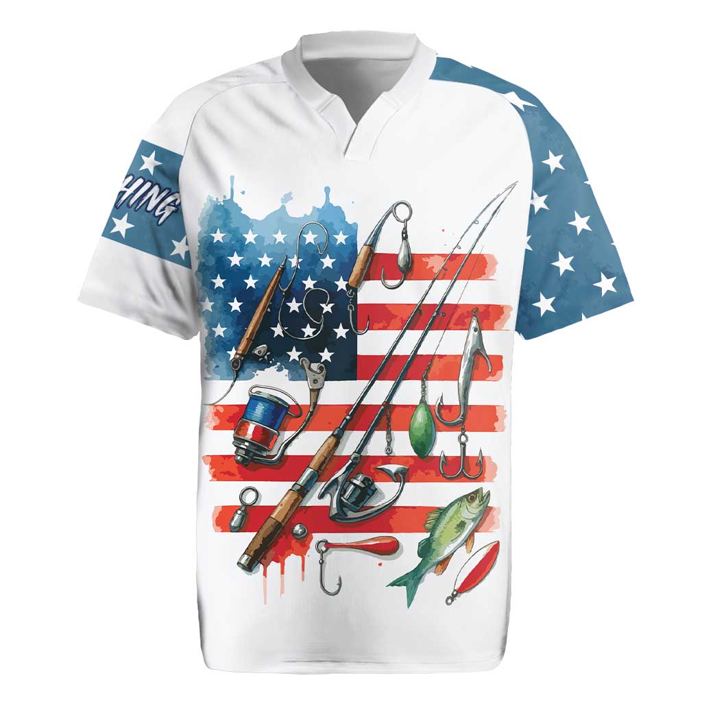 American Flag Fishing Rugby Jersey with Fishing Rods and Lures Watercolor Style Design - Wonder Print Shop
