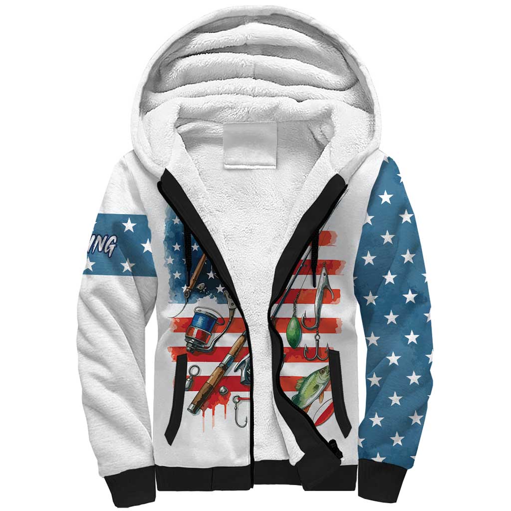 American Flag Fishing Sherpa Hoodie with Fishing Rods and Lures Watercolor Style Design - Wonder Print Shop