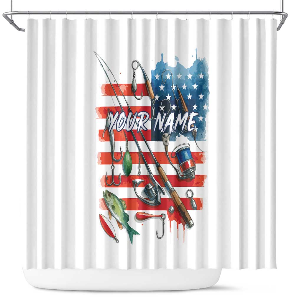 American Flag Fishing Shower Curtain with Fishing Rods and Lures Watercolor Style Design - Wonder Print Shop
