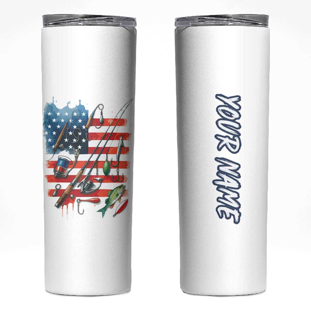 American Flag Fishing Skinny Tumbler with Fishing Rods and Lures Watercolor Style Design - Wonder Print Shop
