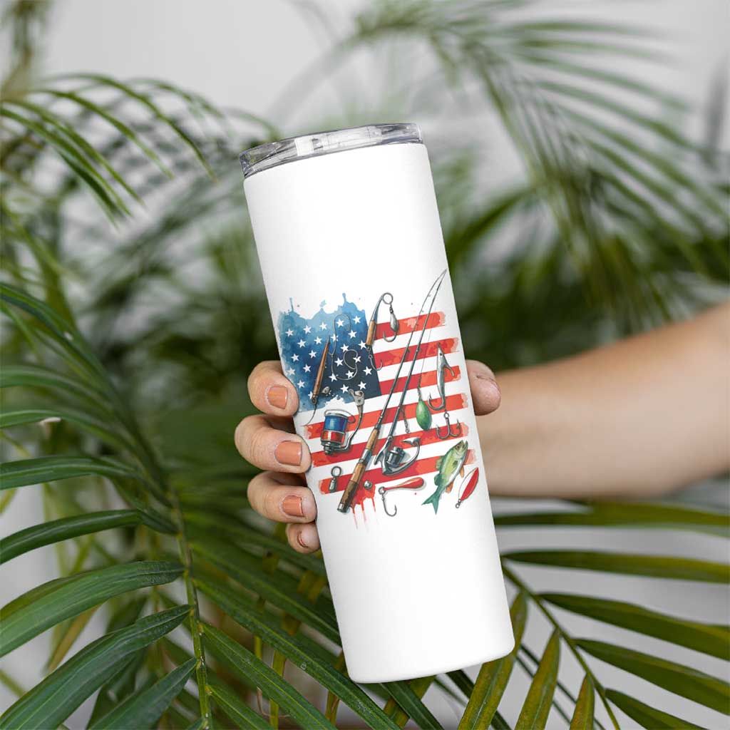 American Flag Fishing Skinny Tumbler with Fishing Rods and Lures Watercolor Style Design - Wonder Print Shop