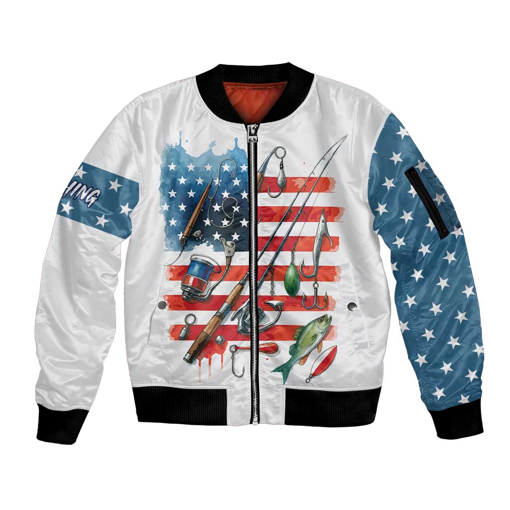 American Flag Fishing Sleeve Zip Bomber Jacket with Fishing Rods and Lures Watercolor Style Design - Wonder Print Shop