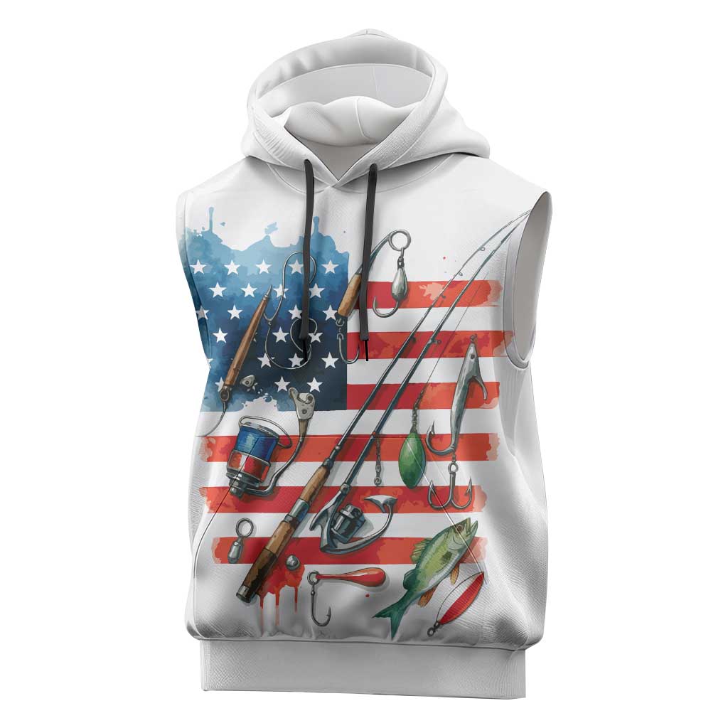 American Flag Fishing Sleeveless Hoodie with Fishing Rods and Lures Watercolor Style Design - Wonder Print Shop