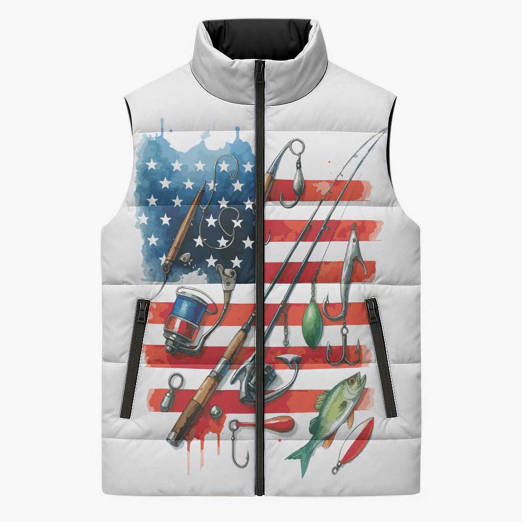 American Flag Fishing Sleeveless Puffer Jacket with Fishing Rods and Lures Watercolor Style Design - Wonder Print Shop