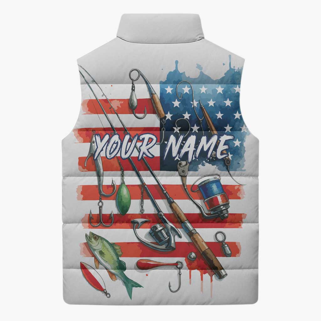 American Flag Fishing Sleeveless Puffer Jacket with Fishing Rods and Lures Watercolor Style Design - Wonder Print Shop