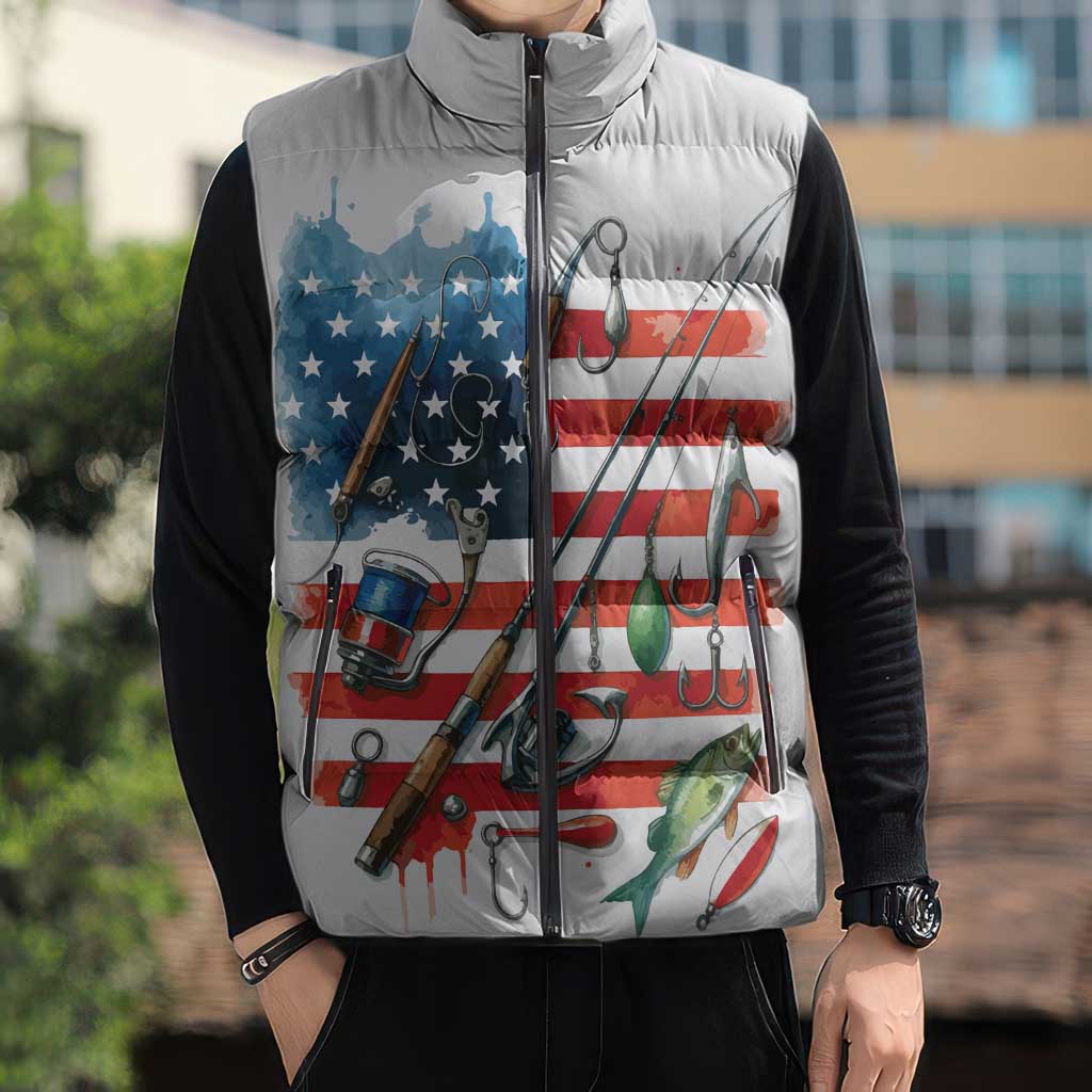 American Flag Fishing Sleeveless Puffer Jacket with Fishing Rods and Lures Watercolor Style Design - Wonder Print Shop