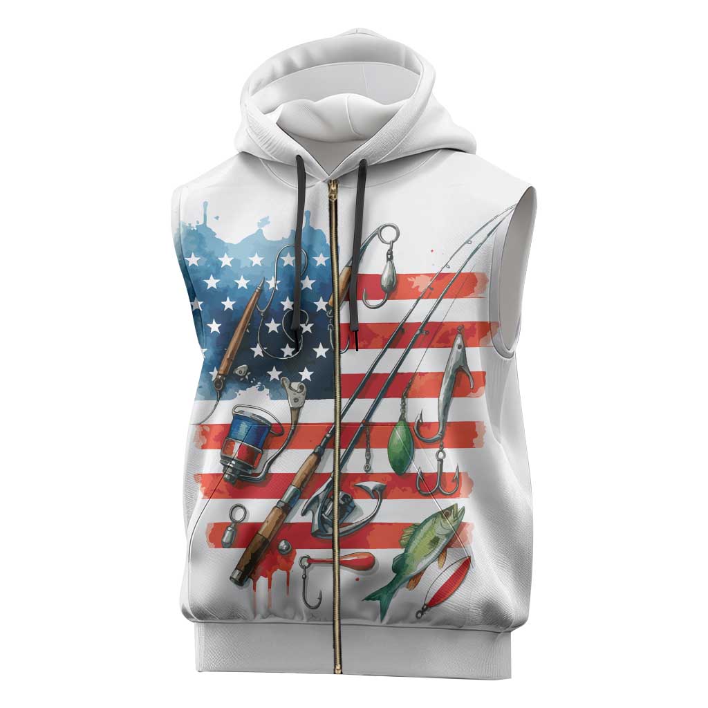 American Flag Fishing Sleeveless Zip Hoodie with Fishing Rods and Lures Watercolor Style Design - Wonder Print Shop
