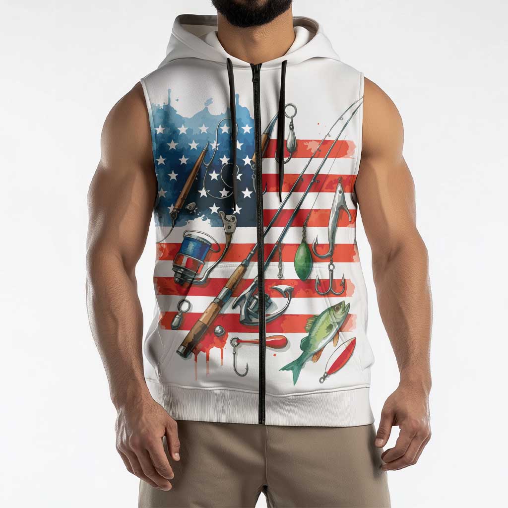 American Flag Fishing Sleeveless Zip Hoodie with Fishing Rods and Lures Watercolor Style Design - Wonder Print Shop